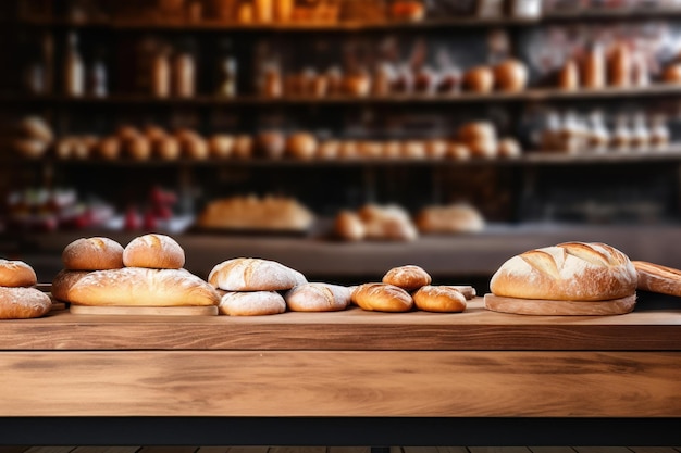 Foto productos de panadería pan en mesa de madera en el supermercado día mundial del pan ia generativa