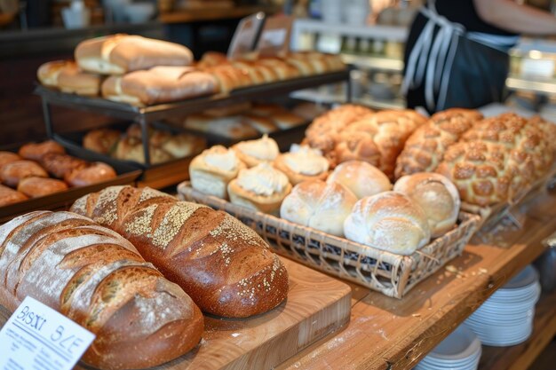 Productos de panadería variados, incluidos panes y panecillos