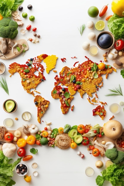 Los productos para platos veganos están apilados en forma de un mapa del mundo vista superior gratuita Día Vegano Mundial