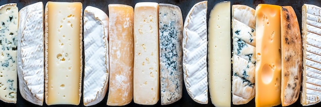 Productos de queso variados divididos por líneas verticales blancas en un collage de estilo blanco brillante