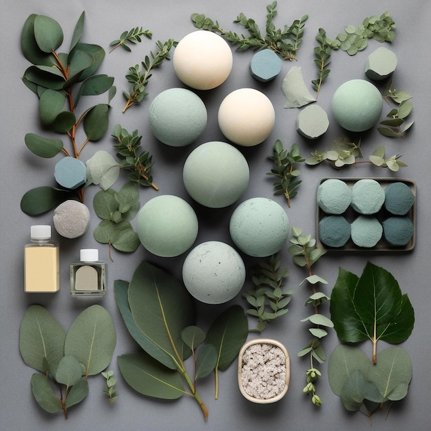 Productos de spa y bombas de baño con eucalipto plano sobre fondo gris verde IA generativa