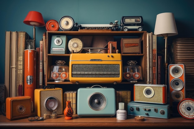 Productos vintage y aparatos de exhibición con altavoz de radio lámpara reloj cámara