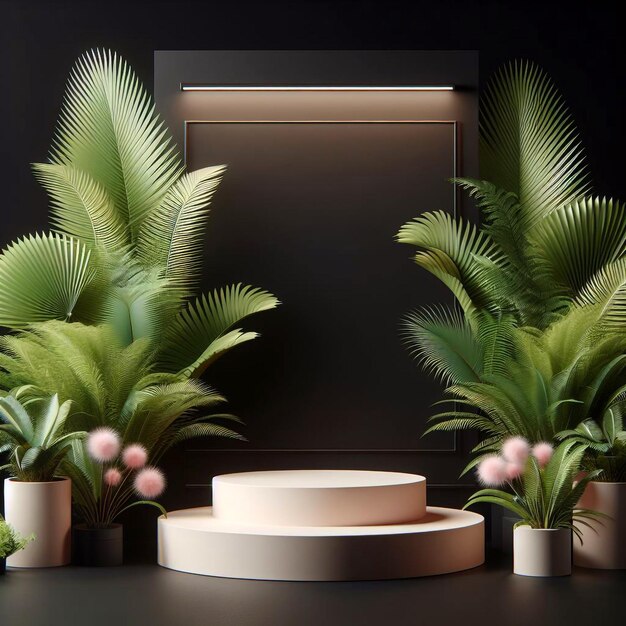 Foto produkt 3d podium mit grünen tropischen palmblättern