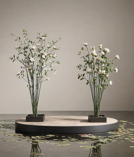 Foto produkt-display-mockup steht ein paar blumen in einer schwarzen vase