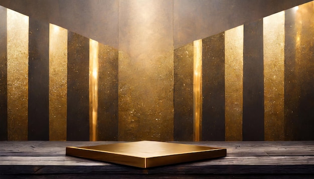 Produkt-Display-Podium mit goldener Dekoration und Glitterlicht-Effekt-Elementen und Star-Luxus-Hintergrund