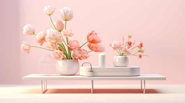 Foto produkt-display-tisch mit frühlingsblumen-hintergrund