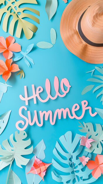 Foto produkt mit hutblumen blättert hallo sommer auf elektrisch blauem hintergrund