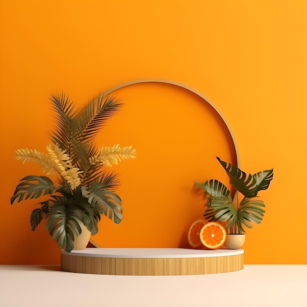 Produkt Podium Anzeige auf orangefarbenem Hintergrund mit Baum