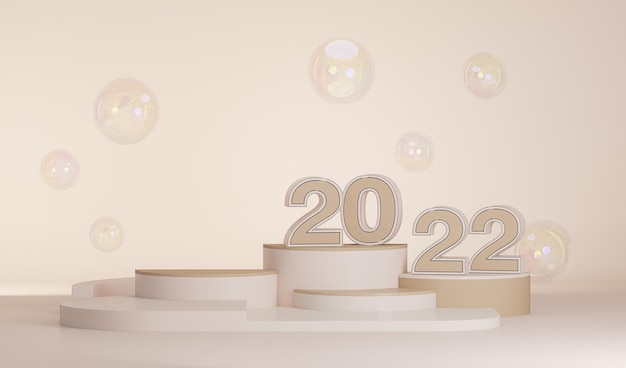 Produktdisplay Podium beige und goldener Geometriehintergrund Frohes neues Jahr Urlaub 2022 3D render