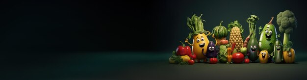 Produkte mit menschlichem Gesicht, süß und lustig. Animationsfigur, Obst und Gemüse, Banner, Kopierraum, Hintergrund. Frische Diätnahrung im Pixar-Stil