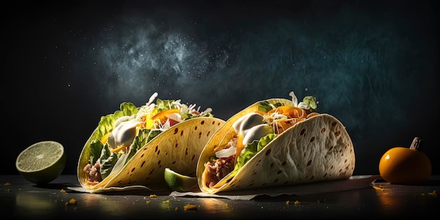 Produktfoto der köstlichsten mexikanischen Tacos im Restauranthintergrund mit dunklem Hintergrund