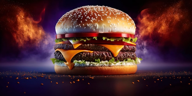 Produktfoto des leckersten Hamburgers im Restauranthintergrund mit lebendigen Farben