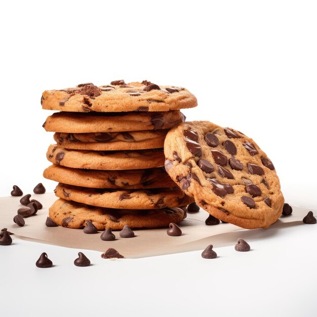 Produktfoto einer Gruppe von Keksen mit Schokoladenstückchen, isoliertem Hintergrund