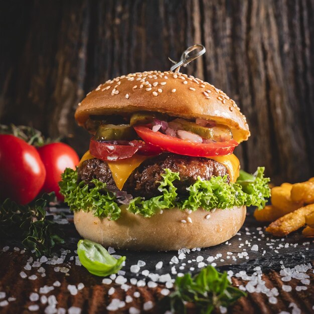 Produktfoto von einem saftigen Burger, handwerklicher, rustikaler Lebensmittelfotografie, köstlich, Ai-generiert