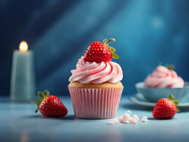 Produktfotografie von Erdbeer-Cupcake mit blauem Hintergrund mit Farbverlauf