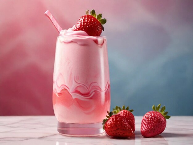 Produktfotografie von Erdbeermilchshake mit Marmortisch und rosa Hintergrund