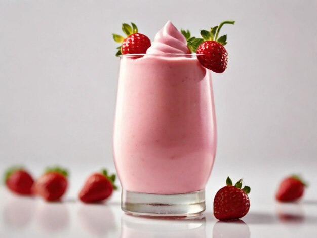 Produktfotografie von Erdbeermilkshake auf glasweißem Hintergrund