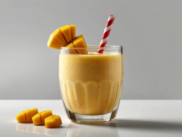 Produktfotografie von Mango-Milkshake in Glas mit weißem Hintergrund