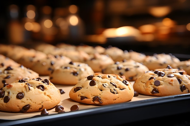 Produktionslinie für das Backen von Kekse, Kekse auf Beförderband in einer Süßwarenfabrik, Produktion