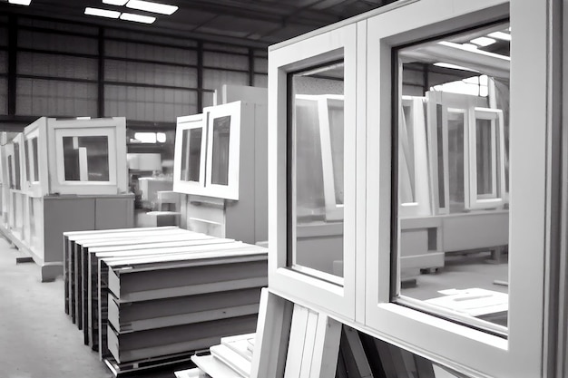 Produktionslinie für Kunststofffenster, in der Fenster hergestellt und qualitätsgeprüft werden