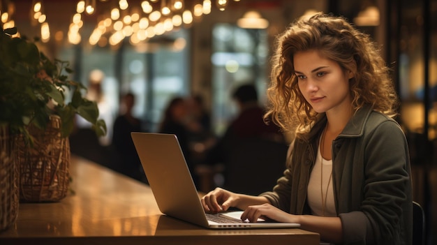 Produktivität Frau tippt am Laptop im Café