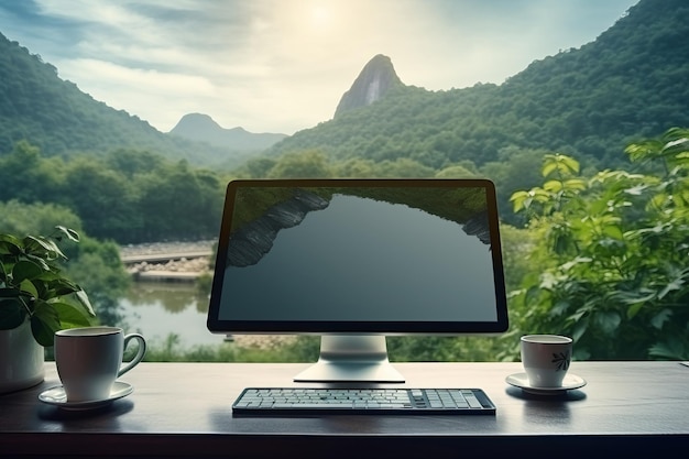 Foto produktivität inmitten der ruhigen natur eine fesselnde aussicht auf einen sky mountain fluss und keyboard auf einem
