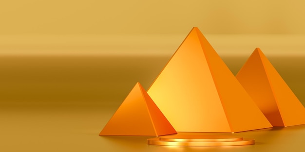 Produktplatzierung Elegante goldene Standplattform für Produktplatzierungsmockup auf Pyramidenhintergrund-Kopienraum 3D-Rendering