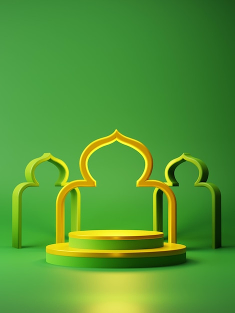 Produktpodium der Wiedergabe 3d auf grünem Hintergrund mit einer goldenen Bogenmoscheekulisse