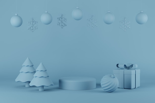 Produktpodium Weihnachts- und Neujahrskonzept mit Weihnachtsbaum und Schneeflocke.3D-Darstellung