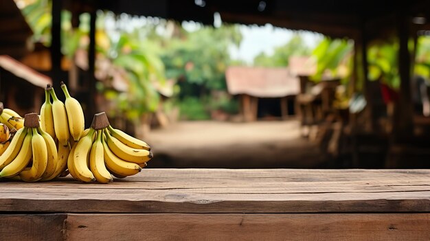 Produktpräsentation rustikale alte Holzbretter Tischkopierraum mit Banane im Hintergrund generative KI