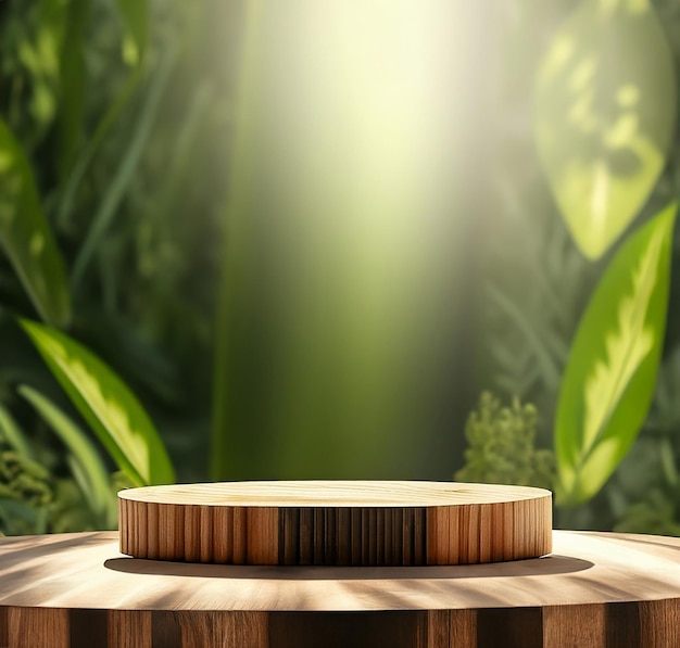 Produktpräsentationspodest aus Holz mit verschwommenen Naturblättern auf grünem Hintergrund-Mockup-Podium