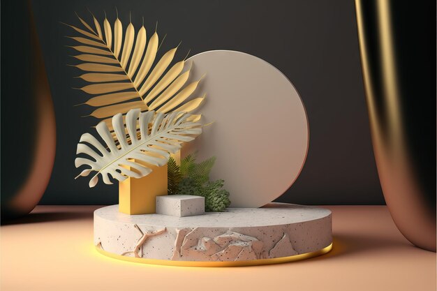 Produktpräsentationspodest aus Stein mit goldenen Blättern auf schwarzem Hintergrund, 3D-Rendering