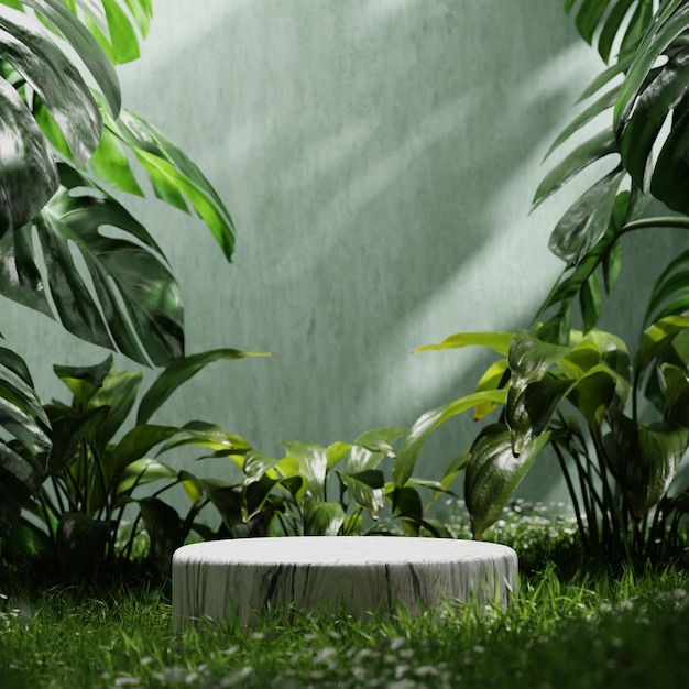 Foto produktpräsentationspodium aus weißem marmor im grünen raum mit grasblumen und sonnenscheinhintergrund produktpräsentationsthema natur- und bio-kosmetik- und lebensmittelkonzept 3d-illustrations-rendering