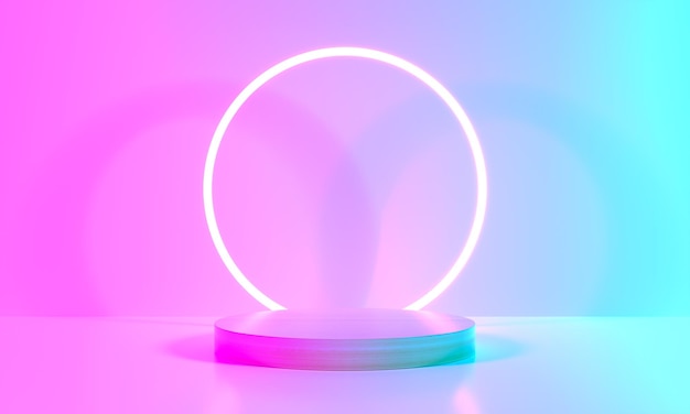 Produktständer blau rosa violett Neon abstrakter Hintergrund Studio modern UV-Licht Raum pastellfarbenes Interieur Leuchtendes Podium Bühnendekorationen Bühne für Lichtkreis 3D-Rendering