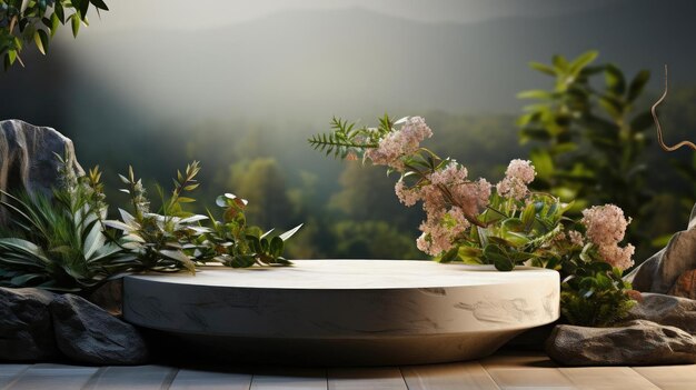 Produktständer oder Display auf dem Podium mit verschwommenem Blumenhintergrund und filmischem Licht