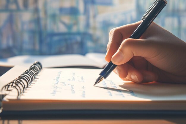 Produtividade à mão Mão de homem com caneta escrevendo em caderno