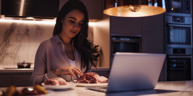 Produtividade alimentada por proteínas serena e composta uma jovem mulher trabalha no seu portátil em meio ao aroma
