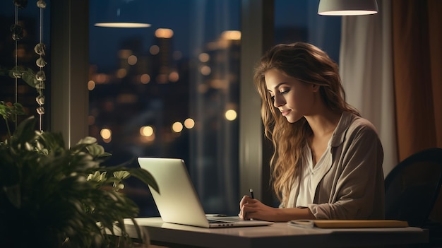 Produtividade noturna Jovem empresária digitando no laptop no escritório doméstico IA generativa