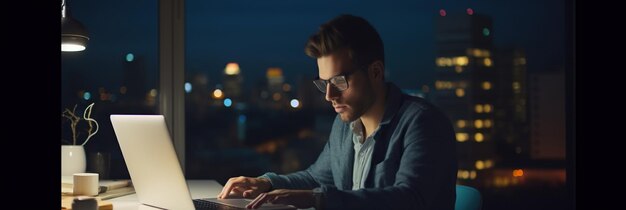 Foto produtividade noturna: jovem empresário digitando no laptop no escritório doméstico