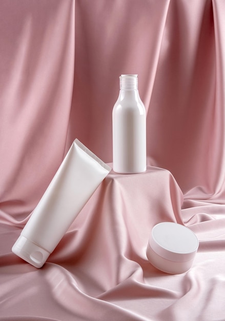 Produto cosmético de garrafa branca em fundo têxtil pastel e pódio Conceito de produto de beleza Pódio de cubo rosa pastel para mostrar produtos cosméticos