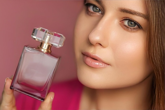 Produto de beleza de perfume e retrato de rosto de modelo de cosméticos em fundo rosa linda mulher segurando o frasco de fragrância com perfume feminino floral moda e maquiagem