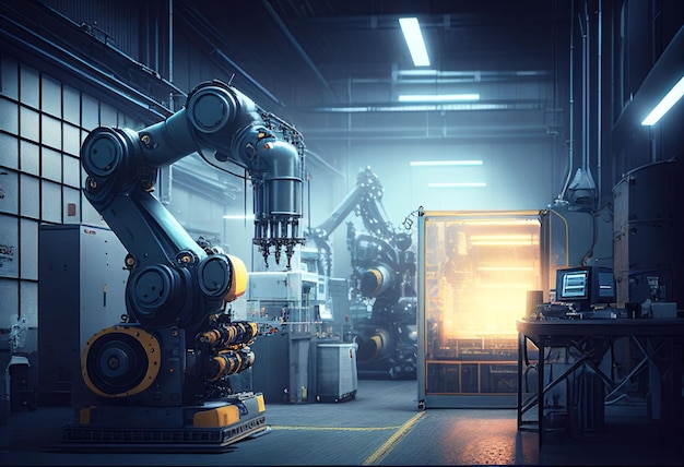 Foto produto de montagem robótica na indústria de automação de fábrica criado com tecnologia generative ai
