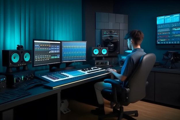 Produtor trabalhando em estúdio de design de som rede neural gerada por ai