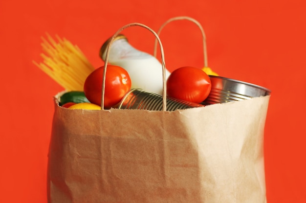 Produtos alimentares em um saco de papel em um fundo vermelho.