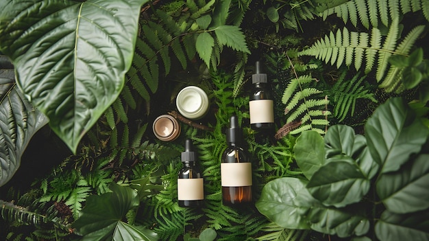 Produtos botânicos para o cuidado da pele em um fundo verde exuberante