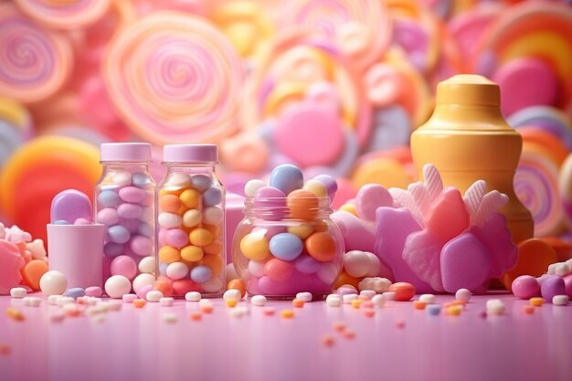 Produtos coloridos para bebês vitaminas doces e dieta em Barbie cor de fundo espaço de cópia