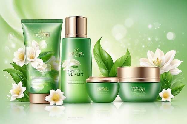 Produtos cosméticos anúncios modelo de design com creme para o corpo e hidratante para a pele pacotes realistas verdes em fundo ondulado dinâmico floral desfocado