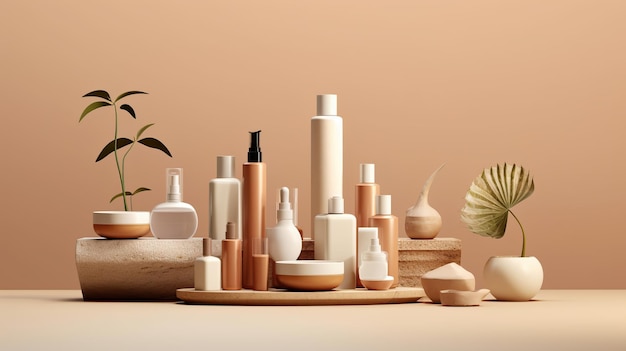 Produtos cosméticos apresentados em plataformas tridimensionais