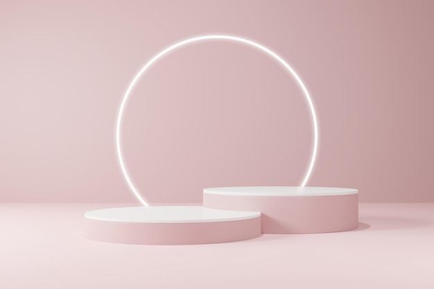 Produtos cosméticos de verão ficam em 3d fundo de produtos de verão mostrando uma cena de pedestal 3d fundo de renderização com pódio palco no pódio de exibição de verão rosa 3d