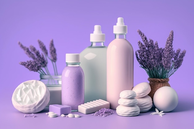 Produtos cosméticos e de banho de lavanda ilustração de tratamento de cuidados com a pele de beleza Generative AI